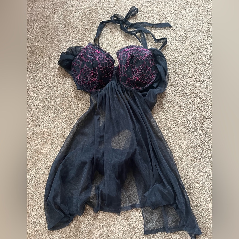 Cacique Black and Pink Lace Chemise